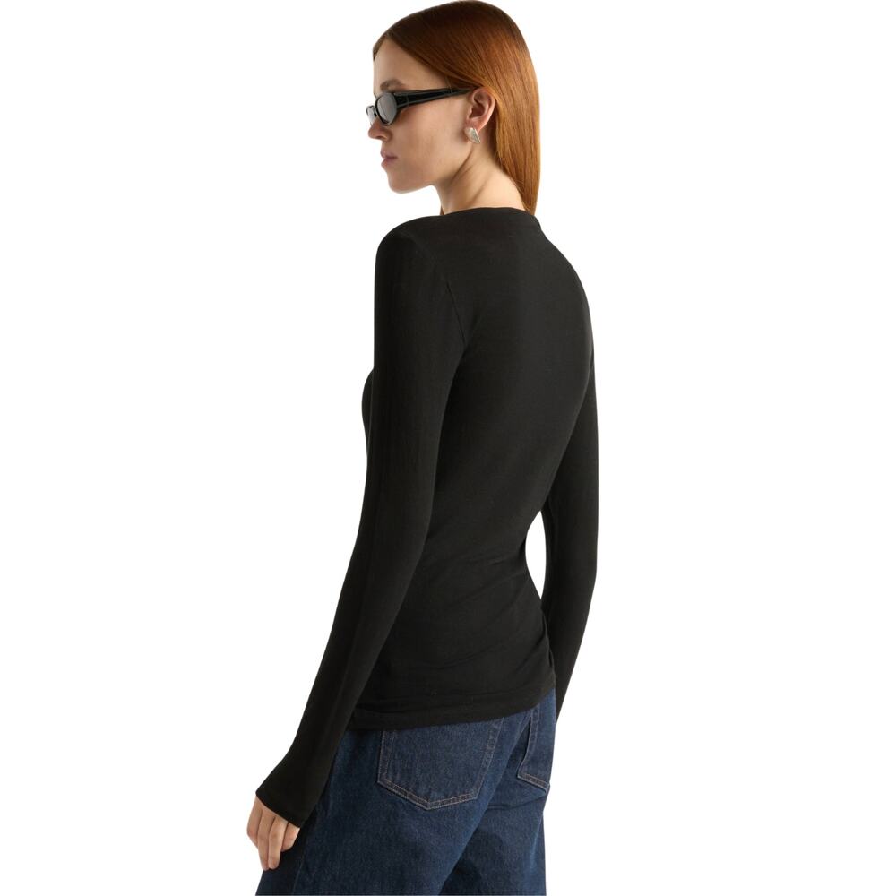 Modern Citizen Vittoria Asymmetric Neck Ruched Semi-Sheer Long Sleeve Tee Black - Picture 7 of 15
